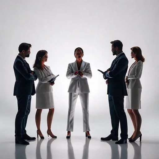 A trio of abstract, spectral figures, each composed of swirling neon light (one cyan, one magenta, one violet) and translucent glass shards, standing against a dark, cosmic backdrop. They are featureless but convey a sense of intellectual presence and creative force. Their forms subtly shift and pulse with inner light.